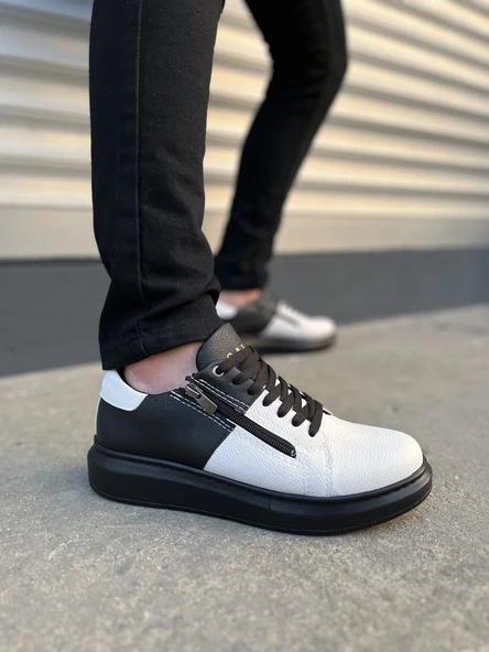 JY155 Warrior Bağcıklı ve Fermuarlı Cilt Erkek Günlük Sneaker Ayakkabı CST - Siyah/Beyaz ürün görseli 1