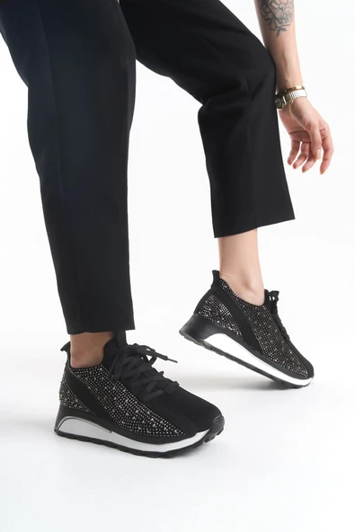 ALYA Bağcıklı Ortopedik Taban Taşlı Kadın Sneaker Spor Ayakkabı CBT - Siyah ürün görseli 1