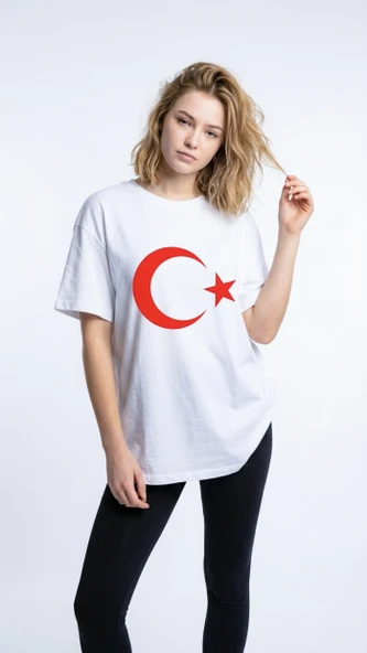 Unisex Ay Yıldız Baskılı Beyaz T-Shirt - Türk Bayrağı Tasarımlı Pamuklu Oversize Tişört ürün görseli 1
