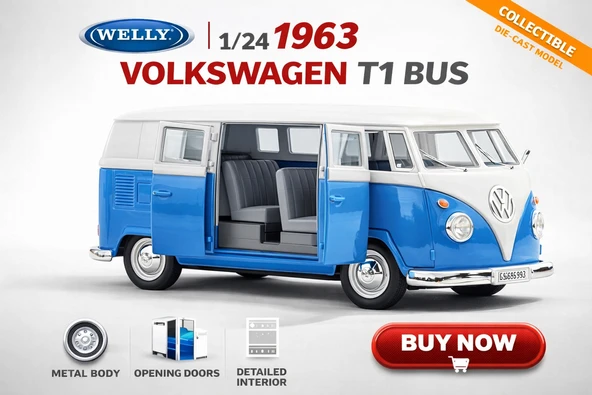 1:24 1963 Volkswagen T1 Bus Mavi-Beyaz Die-Cast Koleksiyon Modeli ürün görseli 1
