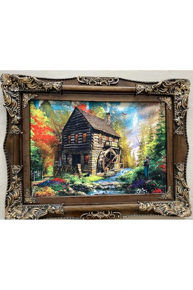 SANAT TACİRİ 85X67CM ORMAN EVİ DAĞ EVİ TEMALI HALI AHŞAP ÇERÇEVELİ DOKUMA İRAN HALISI TABLOSU MUHTEŞEM RENKLER ürün görseli 1