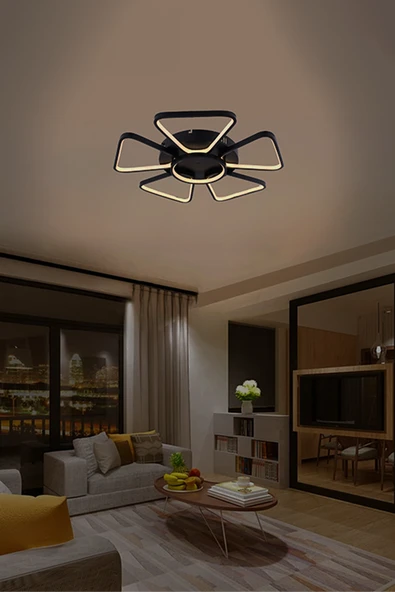 3 Renkli Modern 6 Kollu LED Tavan Avizesi Yıldız Formlu Siyah Geometrik Salon Aydınlatma ürün görseli 1