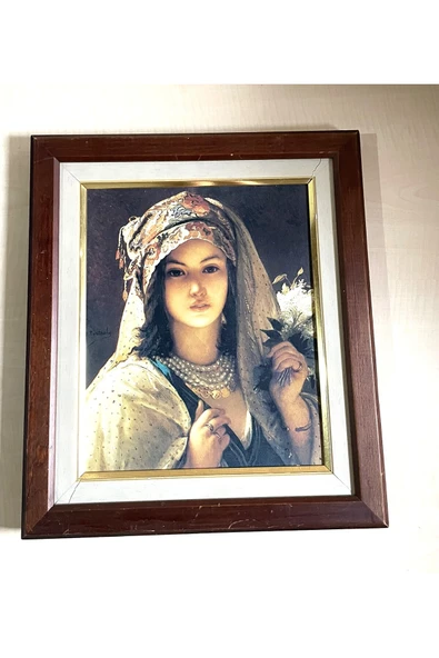 SANAT TACİRİ İMZALI BEYAZ LEYLAKLI TÜRK KIZI TABLO ACEM KIZI YAĞLI BOYA BASKI ürün görseli 1
