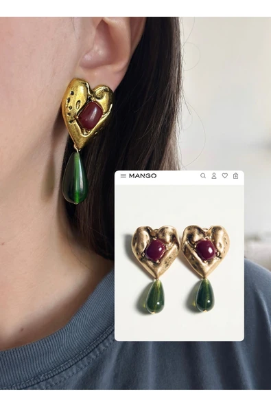 nergis collection Kadın Marka Model Bordo Yeşil Kalp Plaka Küpe ürün görseli 1