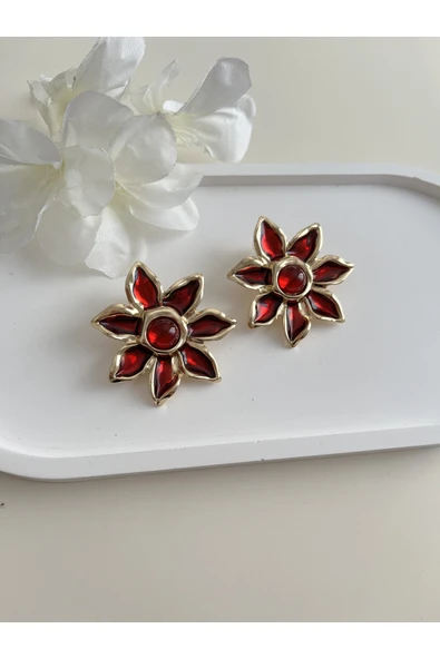 nergis collection Kadın Bordo Çiçek Gold Çelik Küpe ürün görseli 1