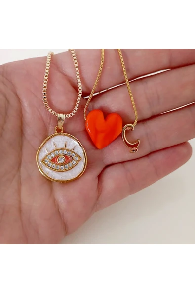 nergis collection Murano Turuncu Kalp / Sedefli Zirkon Taşlı Göz Kolye ürün görseli 1