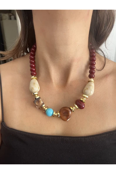 nergis collection Kadın Tasarım Boncuk Renkli Taş Detaylı Doğaltaş Kolye ürün görseli 1