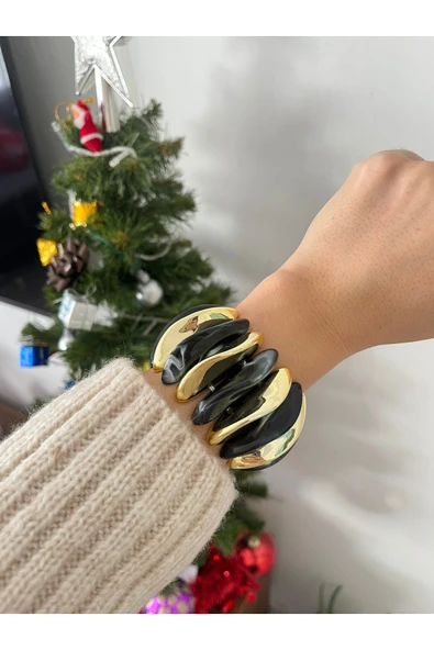 nergis collection KADIN SİYAH TASARIM AKRİLİK KEMİK GOLD DETAYLI BİLEKLİK ürün görseli 1