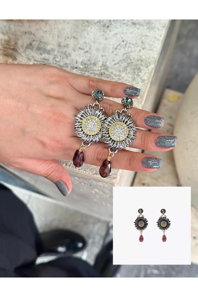 nergis collection Marka Model Ayçiçeği Zirkon Taşlı Kadın Vintage Küpe Kadın Tasarım Küpe ürün görseli 1