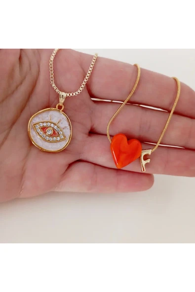 nergis collection Murano Turuncu Kalp / Sedefli Zirkon Taşlı Göz Kolye ürün görseli 1