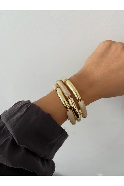 nergis collection Kadın Akrilik Krem Gold Detaylı 3 lü Bilezik Seti ürün görseli 1