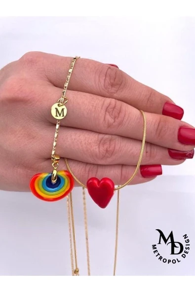 nergis collection Murano Harfli Gökkuşağı Ve Kalp Kolye ürün görseli 1