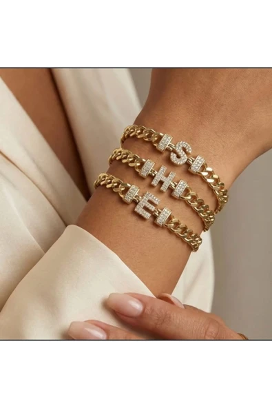 nergis collection Kadın Altın 14K Gurmet Zincir Zirkon Taşlı Harfli Bileklik ( soru sor kısmından harf belirtiniz) ürün görseli 1