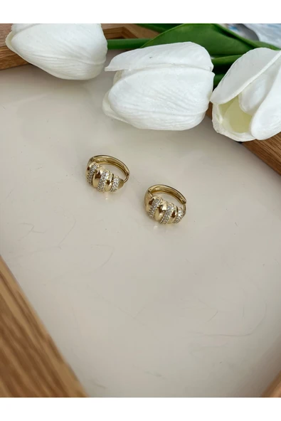 nergis collection 14K Çelik Zirkon Taşlı Halka Küpe Gold Kadın Küpe ürün görseli 1