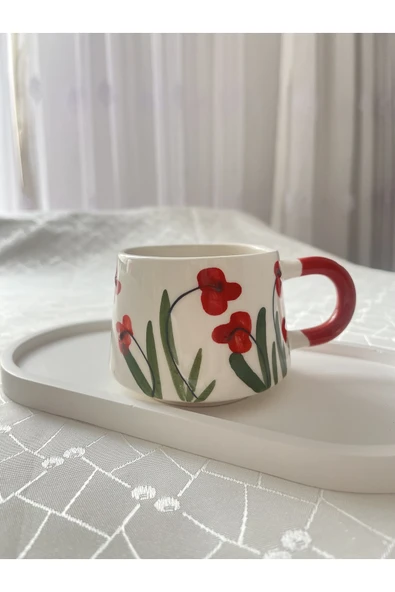 nergis collection Kırmızı Çiçek Detaylı Kupa Bardak Çay Kahve Fincanı 200 ml ürün görseli 1