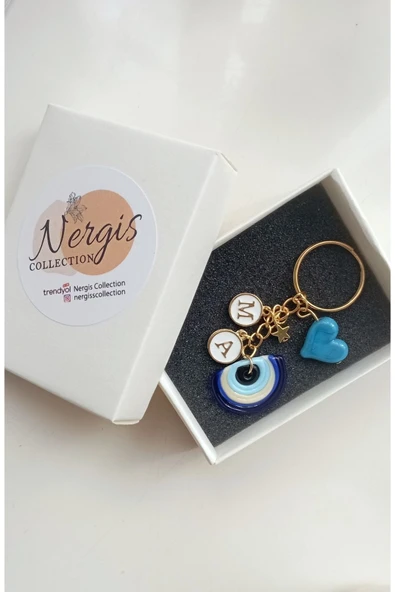 nergis collection Murano Nazar Mavi Kalp Anahtarlık Kişiye Özel Tasarım ürün görseli 1