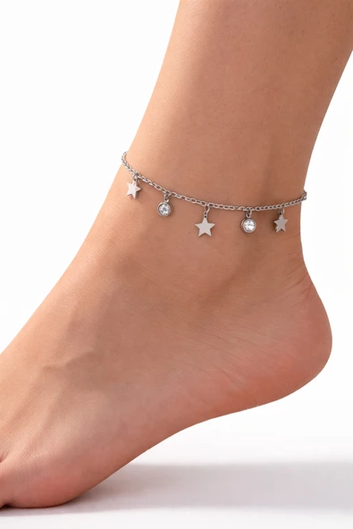 nergis collection Gümüş Renk Yıldız Detaylı Halhal – Sallantılı Taşlı Minimal Şık Halhal ürün görseli 1