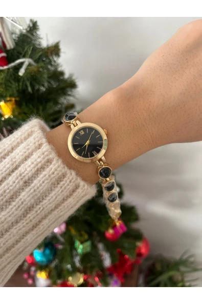 nergis collection Kadın Siyah Doğal Taş Boncuk Gold Saat ürün görseli 1