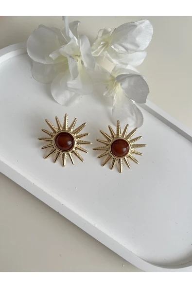 nergis collection Kadın Tasarım Doğaltaş Detaylı Güneş Kahverengi Taşlı Gold Küpe ürün görseli 1