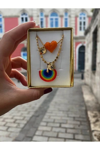 nergis collection Murano Gökkuşağı -Turuncu Kalp İkili Harfli Tasarım Kolye ürün görseli 1