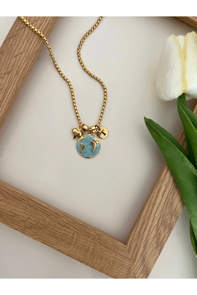 nergis collection Kadın Gold Açık Mavi Charmlı Harfli Dünya Kolye Tüm Harfler Mevcuttur ürün görseli 1