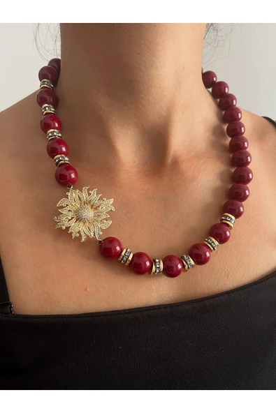 nergis collection Bordo Boncuk Zirkon Güneş Detaylı Vip Kolye Tasarım Kolye ürün görseli 1