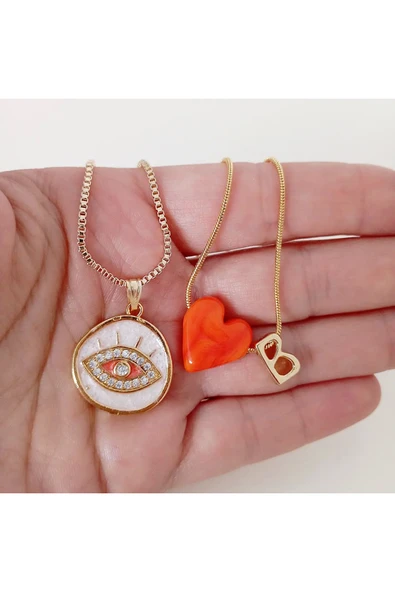 nergis collection Murano Turuncu Kalp / Sedefli Göz Kolye ürün görseli 1