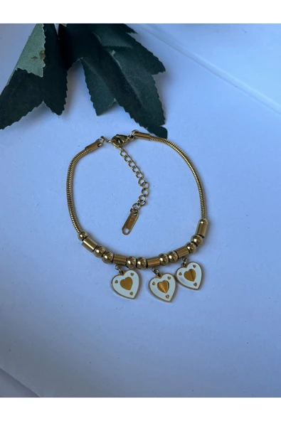 nergis collection Beyaz Mineli Kalp Charmlı 316L Çelik Kadın Bileklik ürün görseli 1
