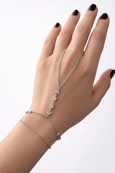 nergis collection Taşlı Geometrik Detaylı Şahmeran Bileklik Gümüş Renk Zarif El Zinciri ürün görseli 1