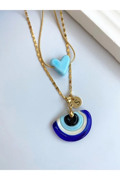 nergis collection Murano Cam Nazar Ve Mavi Kalp Kolye ürün görseli 1