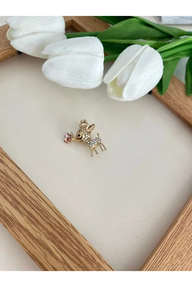nergis collection Zirkon Taşlı Geyik Gold Renk Gül Detaylı Broş Yaka İğnesi ürün görseli 1