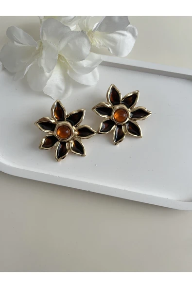 nergis collection Kadın Kahverengi Çiçek Gold Çelik Küpe ürün görseli 1