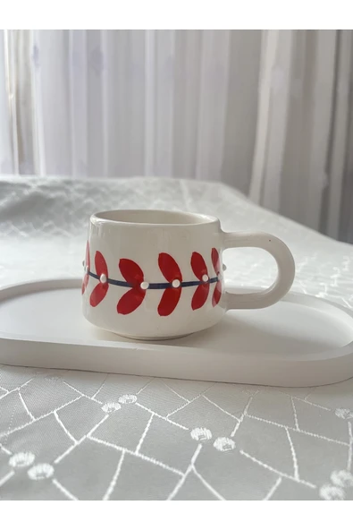 nergis collection Kırmızı Yaprak Desenli Kupa Bardak Çay Kahve Fincanı ürün görseli 1