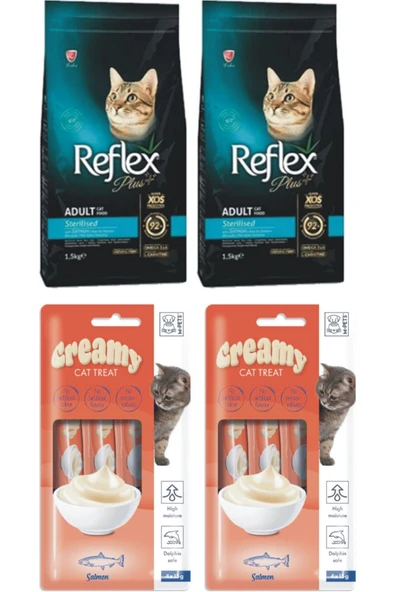 Reflex Sterilised Somonlu Kısırlaştırılmış Kedi Maması 1.5kgx2ad Creamy Cat Treat Kediödülü Somonlu 8x15 Gr ürün görseli 1