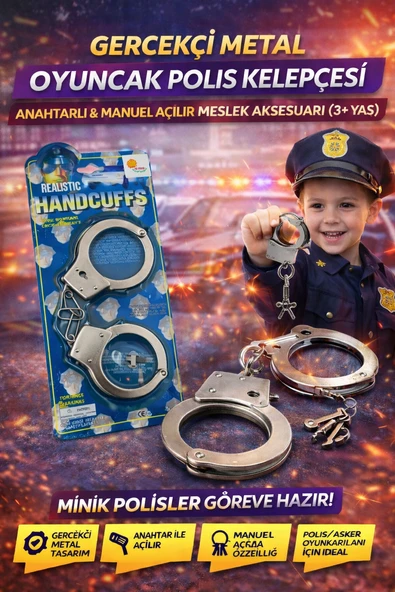 Gerçekçi Metal Oyuncak Polis Kelepçesi Anahtarlı & Manuel Açılır Meslek Aksesuarı ürün görseli 1