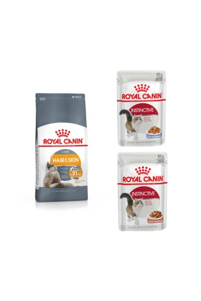 Royal Canin Hair Skin Hassas Tüylü Yetişkin Kediler Için Kuru Mama 2 kg + 2 Adet Instinctive Yaş Mama 85 gr ürün görseli 1