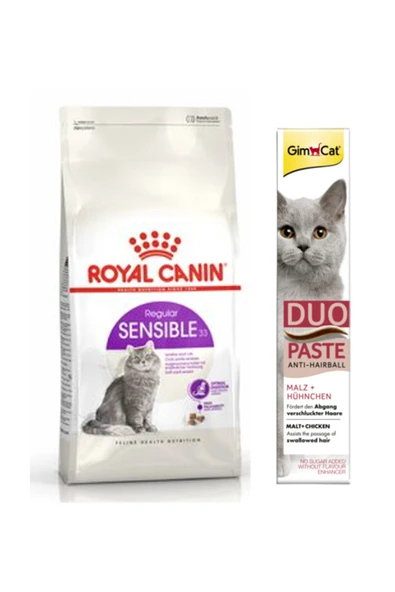 Royal Canin Sensible 33 Sindirim Hassasiyeti Kedi Kuru Mama 2 Kg + Gimcat Duo Paste Tavuklu Anti-hairball Malt ürün görseli 1