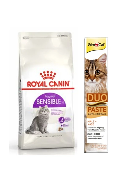 Royal Canin Sensible 33 Sindirim Hassasiyeti Kedi  Mama 2 Kg + Gimcat Duo Paste Peynirli Anti-hairball Malt 50gr ürün görseli 1