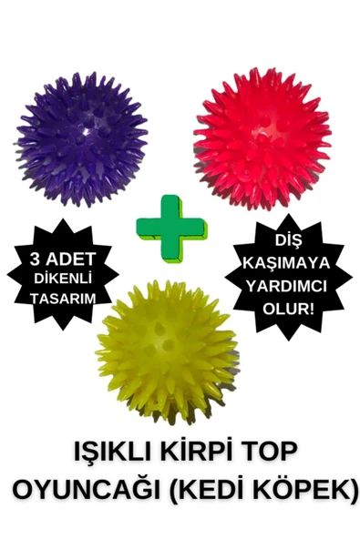antares pet 3 adet ışıklı kirpi top oyuncağı kedi köpek ürün görseli 1