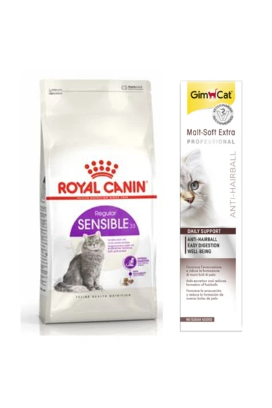 Royal Canin Sensible 33 Sindirim Hassasiyeti Kedi Kuru Mama 2 Kg + Gimcat Anti-hairball Paste Kedi Macunu 100gr ürün görseli 1