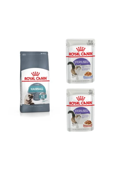 Royal Canin Hairball Tüy Yumağı Kontrolü Yetişkin Kedi Maması 2 kg 2 Adet Sterilised Kısır Kedi Yaş Maması 85 gr ürün görseli 1