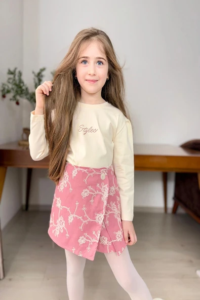 Brode Desen Şort Etekli Pembe Renk Kız Çocuk Takım ürün görseli 1