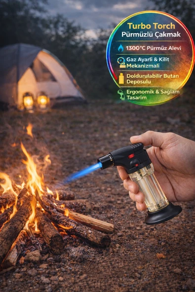 Turbo Torch Pürmüzlü Çakmak 1300°C Jet Alev Gaz Ayarlı Kilitli Doldurulabilir Torch Çakmak ürün görseli 1