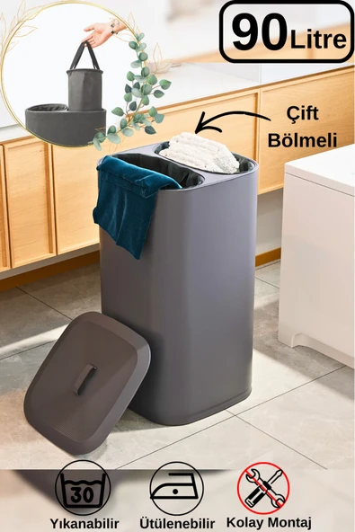 Twindecor 2 Bölmeli Kirli Çamaşır Sepeti Yıkanabilir 90 LT - Büyük Boy Katlanabilir Kirli Sepeti ürün görseli 1
