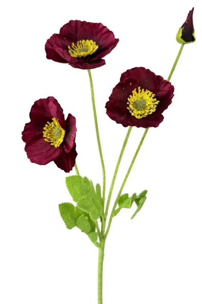 Yapay Çiçek Gelincik Çiçeği Sert Kumaş BORDO Renk 3 Çiçek 1 Tomurcuk 59Cm ürün görseli 1