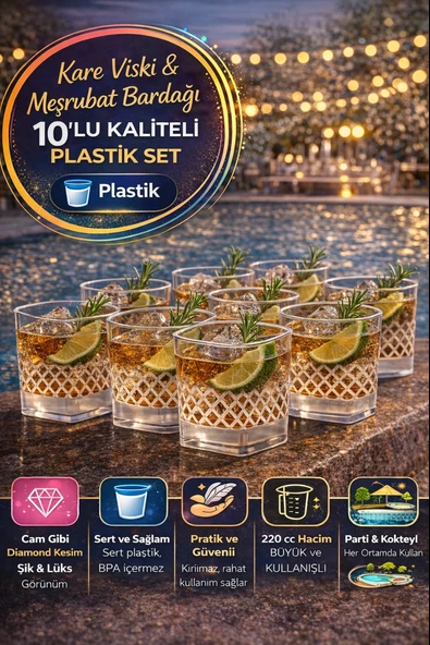 10’lu Kare Desenli Plastik Viski Bardağı I Sert Şeffaf Kokteyl Meşrubat Bardak Parti 220 cc ürün görseli 1