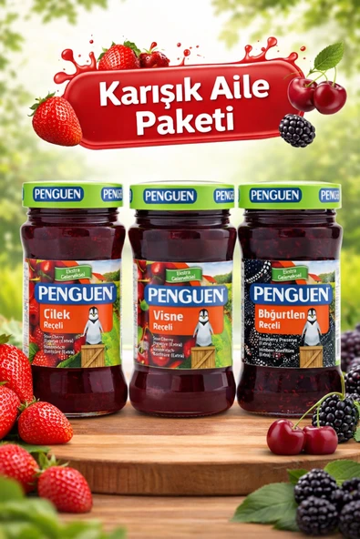 Penguen 3’lü Karışık Reçel Paketi 380 gr (Çilek, Vişne, Böğürtlen) ürün görseli 1