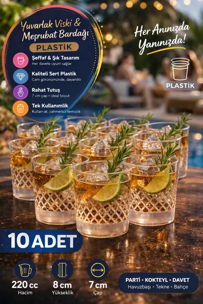 10’lu Yuvarlak Desenli Plastik Viski Bardağı I Sert Şeffaf Kokteyl Meşrubat Bardak Parti 220 cc ürün görseli 1