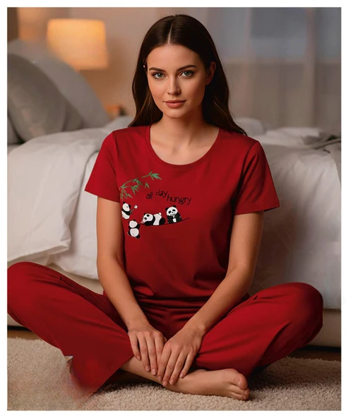 Mihra Kadın Milan Bisiklet Yaka Kısa Kol Likralı Pijama Takımı 50125K - 1 Adet  XL Kırmızı ürün görseli 1