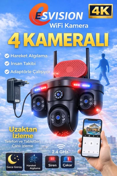 EsVision ES-705 4K 4 Lensli Akıllı Güvenlik Kamerası Hieasy Wifi Gece Görüş Sesli Kişi Takibi ürün görseli 1